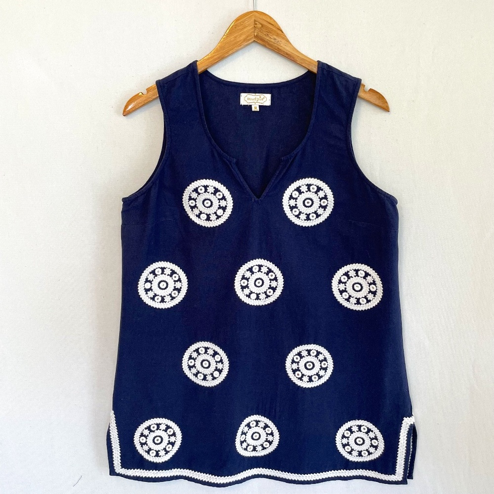 MUD PIE Women’s Medium Gigi Embroidered Sleeveless Tunic Navy 100% Cotton